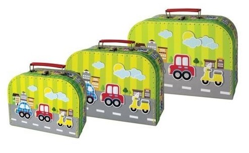 Pappkoffer Kinder Koffer aus Pappe grün Autos