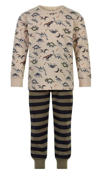 Celavi Jungen Schlafanzug Dinosaurier sand/oliv Blockstreifen Pyjama