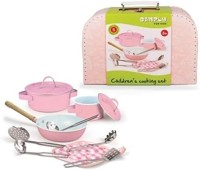 Kinderkoffer mit Metall-Kochgeschir rosa Zubehör für Spielküche im Pappkoffer
