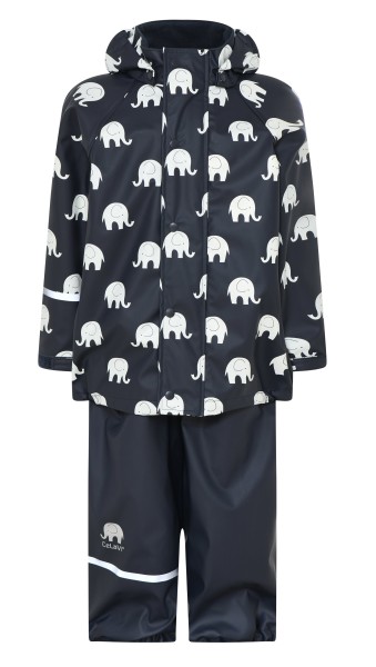 CeLaVi Regenanzug dunkelblau mit weissen Elefanten Set Regenhose + Regenjacke